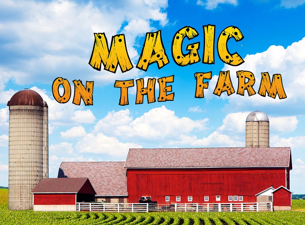Magic On The Farm logo over a photo of a red barn and silos