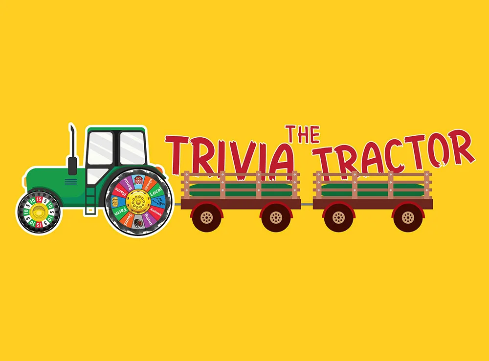 The Trivia Tractor logo with a cartoon tractor pulling wagons